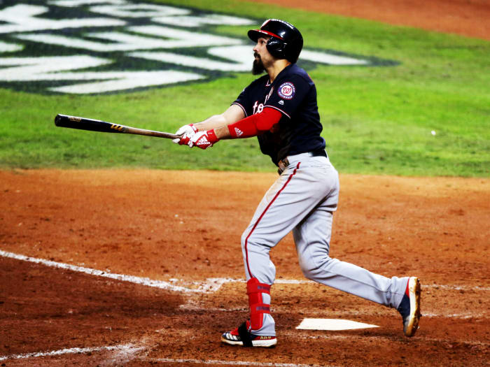 Oct 30, 2019; Houston, TX, USA; Washington Nationals third baseman Anthony Rendon (6) hits a solo home run against the Houston Astros during the seventh inning in game seven of the 2019 World Series at Minute Maid Park. Mandatory Credit: Thomas B. Shea-USA TODAY Sports